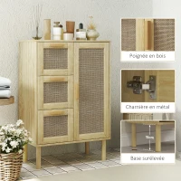 HOMCOM Armario mueble de almacenamiento estilo bohemio con 3 cajones y 3 estantes frente ratán tejido compacto 55x30x82 cm(m-4)
