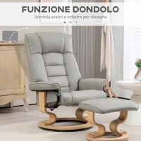 HOMCOM Poltrona Reclinabile a 130° con Pouf Poggiapiedi in Finta Pelle, Base Girevole e Dondolo, Grigio(m-6)