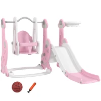 AIYAPLAY Escorrega Infantil 4 em 1 Parque Infantil com Baloiço e Escorrega Escalador Cesto de Basquetebol 147,5x160x107 cm Rosa(m-10)
