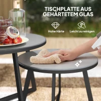 Outsunny 2-delige Set Bijzettafels Stapelbaar Tuintafel Rond Weerbestendig Balkontafel met X-Poten Glasplaat Staal Zwart+Grijs(m-5)
