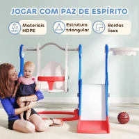 AIYAPLAY Escorrega Infantil 4 em 1 Parque Infantil com Baloiço e Escorrega Escalador Cesto de Basquetebol Temática de Foguete 147,5x160x107 cm  Multicor(m-7)