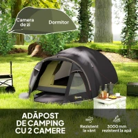 Outsunny Cort de Camping pentru 2-4 Persoane cu 2 Camere, Ușă, Ferestre și Geantă, 330x190x120 cm, Negru(m-4)