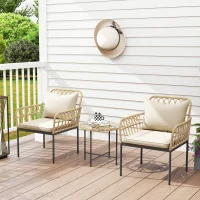 Outsunny 3 Piece Rattan Bistro Set, Wicker Garden Furniture Set with Cushions, Glass Top Coffee Table and Chairs for Outdoor, Patio, Balcony, Beige(m-2)