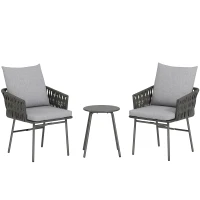 Outsunny 3-Piece Rattan Bistro Set, Garden Table and Chairs with 4 Cushions, Patio Rattan Conversation Furniture Set for Balcony, Porch, Terrace, Grey(m-1)