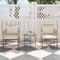 Outsunny 3 Piece Rattan Bistro Set, Wicker Garden Furniture Set with Cushions, Glass Top Coffee Table and Chairs for Outdoor, Patio, Balcony, Beige(m-8)
