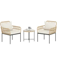 Outsunny 3 Piece Rattan Bistro Set, Wicker Garden Furniture Set with Cushions, Glass Top Coffee Table and Chairs for Outdoor, Patio, Balcony, Beige(m-10)