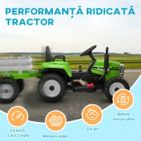 HOMCOM Tractor Electric cu Remorca Detasabila, Masinuta Electrica pe Baterii de 12V pentru Copii, cu Telecomanda, Sunet de Pornire, cu Muzica si Claxon, Lumini, pentru Varste intre 3-6 ani - Verde(m-8)