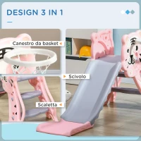 AIYAPLAY Scivolo per Bambini 18-36 Mesi con Canestro da Basket Laterale, in Plastica, 133x60x70 cm, Rosa e Grigio(m-4)