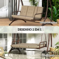 Outsunny Baloiço de Jardim Exterior de 3 Lugares Convertível em Cama com Toldo Ajustável Proteção UPF30+ 200x120x175 cm Caqui(m-4)