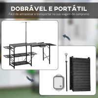 Outsunny Mesa de Campismo de 3 Níveis Dobrável com Prateleiras de Armazenamento Suporte para Candeeiro e Bolsa de Transporte 173x52x80-174 cm Preto(m-6)