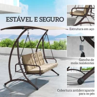 Outsunny Baloiço de Jardim Exterior de 3 Lugares Convertível em Cama com Toldo Ajustável Proteção UPF30+ 200x120x175 cm Caqui(m-7)