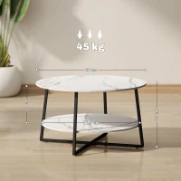 HOMCOM 2-Tier Round Coffee Table with Storage Shelf, Living Room Table with Marble Effect Top and Steel Frame, White(m-3)