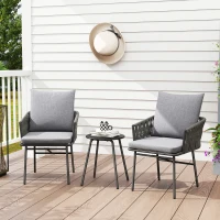 Outsunny 3-Piece Rattan Bistro Set, Garden Table and Chairs with 4 Cushions, Patio Rattan Conversation Furniture Set for Balcony, Porch, Terrace, Grey(m-2)