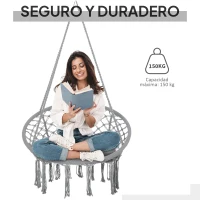 Outsunny Silla Colgante Redondo de Ø60 cm Silla Hamaca Columpio con Cojín y Cuerda de Algodón para Interior y Exterior 80x80x42 cm Gris(m-6)
