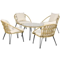 Outsunny Set Grădină din Ratan din 5 Piese, Set de Exterior cu Masă Rotundă și 4 Scaune cu Perne, 82x82x50 cm, Bej(m-11)