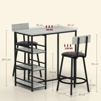 HOMCOM Set Masă de Bar cu 3 Rafturi și 2 Scaune cu Spătar, 90x50x90.5 cm, Gri Deschis(m-3)