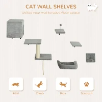PawHut 6-Piece Cat Wall Shelves Set with Condo, Cat Wall Furniture with Platforms, Sisal Scratching Post, Bed, Toy Ball, Grey(m-5)