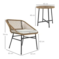 Outsunny Set Bistro din 3 Piese cu Măsuță de Cafea cu Blat de Sticlă și 2 Scaune, Φ45x46 cm, Natural(m-3)