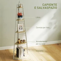 HOMCOM Libreria Angolare a 5 Ripiani con Struttura Pieghevole e Piedini Regolabili, Colore Legno(m-4)