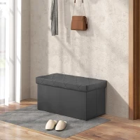 HOMCOM Bancă Cutie de Depozitare Pliabilă, Bancă Taburet cu Capac și Înveliș din Piele Ecologică, 76x38x38 cm, Gri(m-6)