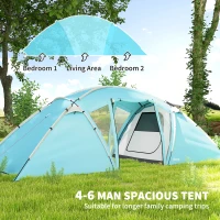Outsunny 4-6 Man Family Camping Tent w/ 2 Bedrooms and a Living Room, Waterproof Tunnel Tent w/ Sewn In Groundsheet, Doors, Windows, Carry Bag, Blue(m-4)