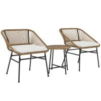 Outsunny Set Bistro din 3 Piese cu Măsuță de Cafea cu Blat de Sticlă și 2 Scaune, Φ45x46 cm, Natural(m-10)