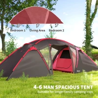 Outsunny 4-6 Man Family Camping Tent w/ 2 Bedrooms and a Living Room, Waterproof Tunnel Tent w/ Sewn In Groundsheet, Doors, Windows, Carry Bag, Grey(m-4)
