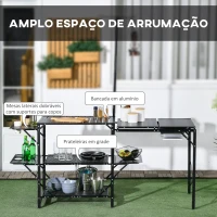 Outsunny Mesa de Campismo de 3 Níveis Dobrável com Prateleiras de Armazenamento Suporte para Candeeiro e Bolsa de Transporte 173x52x80-174 cm Preto(m-4)