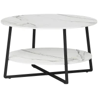HOMCOM 2-Tier Round Coffee Table with Storage Shelf, Living Room Table with Marble Effect Top and Steel Frame, White(m-1)