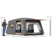 Outsunny Cort de Camping pentru 4-6 Persoane cu 2 Camere, Verandă și Geantă de Transport, 430x305x195 cm, Gri(m-3)
