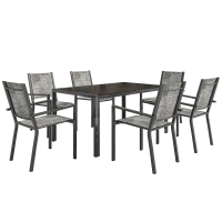 Outsunny Set da Giardino 7 Pezzi in Acciaio con Tavolo Rettangolare e 6 Sedie Impilabili Traspiranti, Grigio e Nero