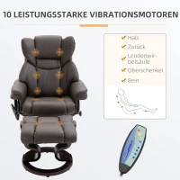 HOMCOM Relaxsessel mit Hocker, 360°drehbarer Fernsehsessel mit Massage, Liegefunktion, Massagesessel mit Seitentasche, Liegesessel, Kunstleder für Wohnzimmer Braun(m-4)