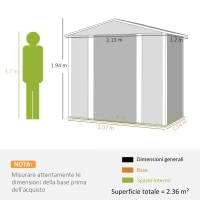 Outsunny Casetta da Giardino in Metallo con Porte Scorrevoli e Lucchetto con Chiavi, 2.1x1.2x1.9m, Grigio Scuro(m-3)