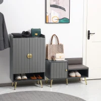HOMCOM Scarpiera Slim Moderna a 4 Livelli con 2 Ante e Ripiani Regolabili per max 15 Scarpe, in Truciolato e Acciaio, 60x33x100 cm, Grigio e Oro(m-8)