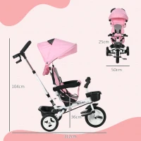HOMCOM 6-in-1 Kinderdreirad mit Schiebestange, Dach, Gurt, Ablagekorb, 18+ Monate, Rosa(m-3)