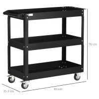 DURHAND Cărucior de Atelier cu 3 Niveluri cu Margini Înalte și 4 Roți Pivotante, 83x35,3x76 cm, Negru(m-3)