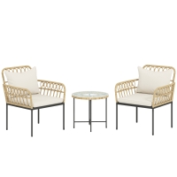 Outsunny 3 Piece Rattan Bistro Set, Wicker Garden Furniture Set with Cushions, Glass Top Coffee Table and Chairs for Outdoor, Patio, Balcony, Beige