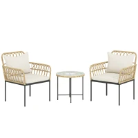 Outsunny 3 Piece Rattan Bistro Set, Wicker Garden Furniture Set with Cushions, Glass Top Coffee Table and Chairs for Outdoor, Patio, Balcony, Beige(m-1)