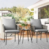 Outsunny 3-Piece Rattan Bistro Set, Garden Table and Chairs with 4 Cushions, Patio Rattan Conversation Furniture Set for Balcony, Porch, Terrace, Grey(m-9)