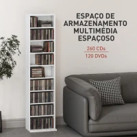 HOMCOM Estante para CDs e DVDs Suportes para CD Estreitos com 9 Compartimentos Prateleiras Ajustáveis 33x24x140 cm Branco(m-4)