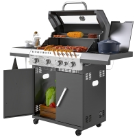 Outsunny Gasgrill 12 KW Grillwagen inkl 5 Brenner Seitenkocher Rolle Deckel Thermometer Seitenablagen 135 x 54 x 110 cm