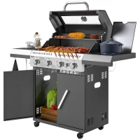 Outsunny Gasgrill 12 KW Grillwagen inkl 5 Brenner Seitenkocher Rolle Deckel Thermometer Seitenablagen 135 x 54 x 110 cm(m-1)