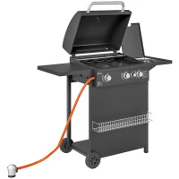 Outsunny Barbacoa de Gas con 3 Quemadores Parrilla para 5-9 Personas Quemador Lateral Termómetro y Ruedas 123x57x98 cm Negro(m-1)