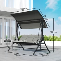 Outsunny Three-Seater Garden Swing, with Adjustable Canopy - Black/Grey(m-3)