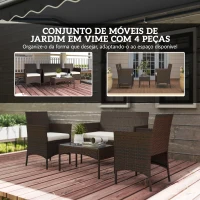 Outsunny Conjunto de Jardim em Vime com Almofadas Móveis de Exterior com 2 Poltronas Sofá de 2 Lugares Mesa com Vidro Marrom e Bege(m-4)