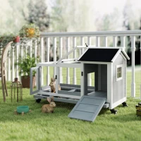 PawHut Wooden Rabbit Hutch, Guinea Pig Cage, with Removable Tray, Wheels - Grey(m-15)