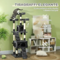 PawHut Albero Tiragraffi per Gatti con 3 Posatoi, 2 Casette e Giochi Appesi, in Legno e Peluche, 49x49x173 cm, Grigio(m-4)