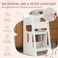 HOMCOM Tour d'apprentissage Tour d'observation Montessori pour Enfants de 18 Mois à 5 Ans Hauteur réglable sur 3 Niveaux en HDPE Charge max. 65 kg 47 x 47 x 90 cm blanc(m-7)