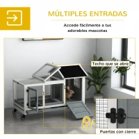 PawHut Jaula para Conejos con Ruedas Techo Abatible y Bandeja Extraíble para Interior y Exterior 108x58x73,5 cm Gris(m-9)