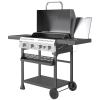 Outsunny Gasgrill, BBQ-Grill, 4 Hauptbrenner, 1 Seitenkocher, 1 Warmhalteplatte; 135 x 55 x 103 cm, Schwarz(m-10)